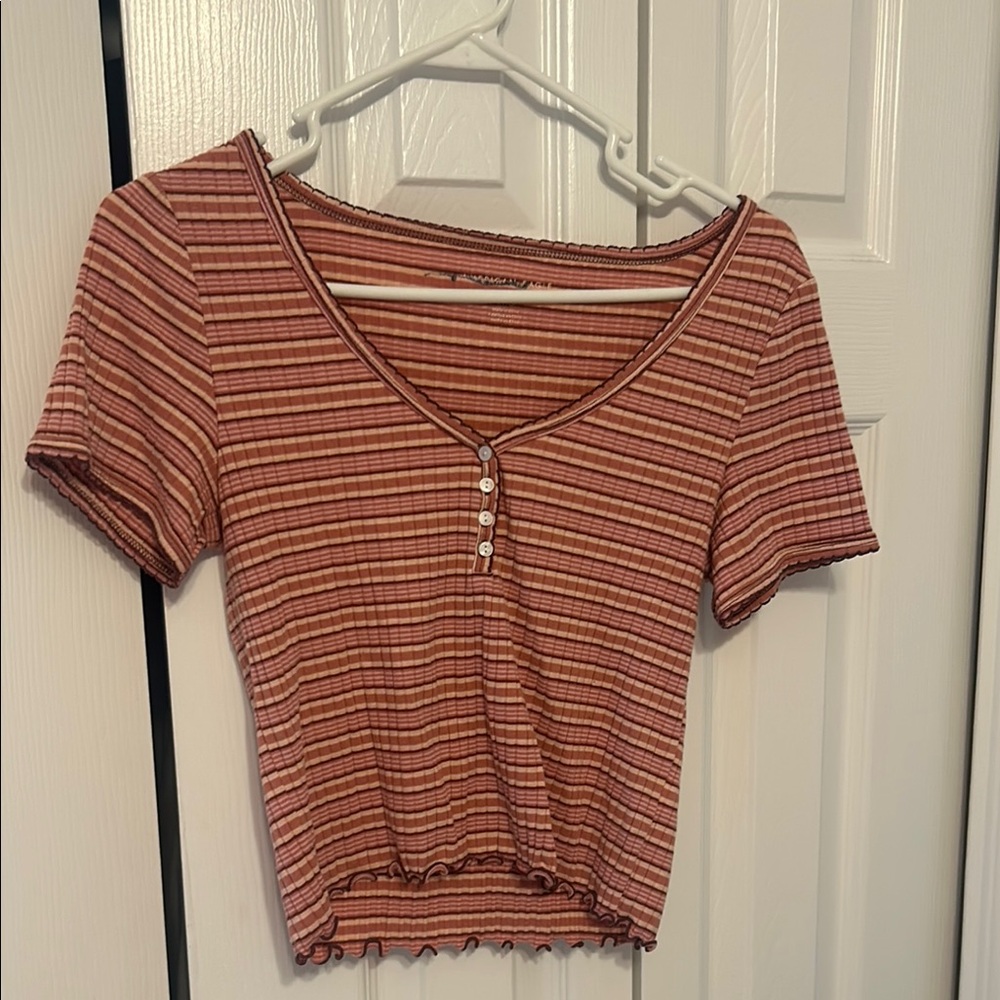 Striped V-Neck Buttoned Top American Eagle